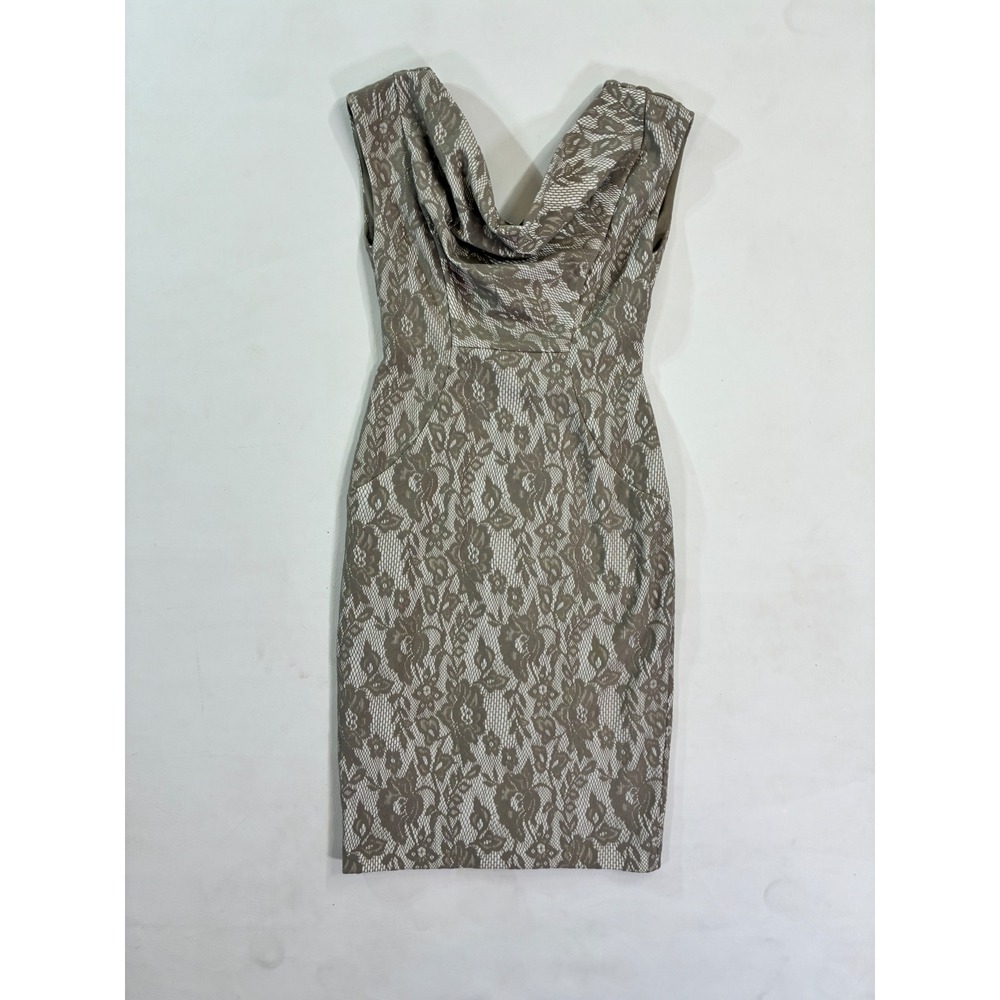 Maggy London Lace‎ Cowl Neck Sheath Dress Taupe White Size 6 Cocktail Party